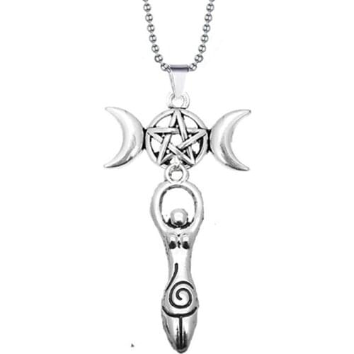 Triple Moon lady Goddess necklace Wicca jewelry Pentagram Spiral pagan witch jewelry with 24" stainless steel chain witchcraft