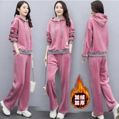 Thicken Casual Velvet Tracksuit Women Winter Warm Patchwork Turtleneck Hooded Sweater Pant Suit Plus Size 2 Piece Set Loungewear