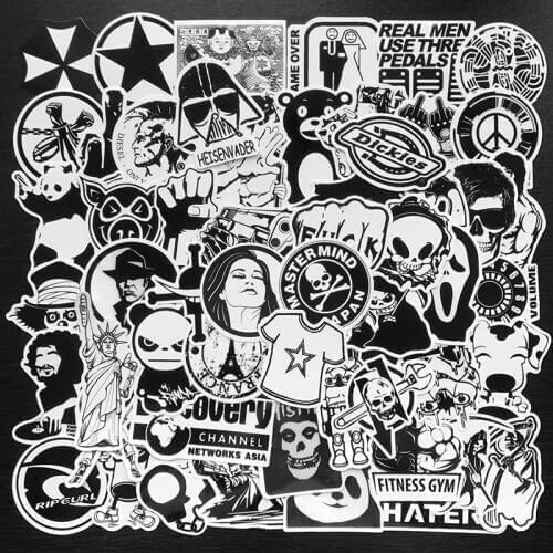 AQK 60Pcs/Lot Black White Motorcycle Stickers Vinyl JDM Moto Sticker Pack DIY Skateboard Luggage Laptop Bike Helmet Guitar Car