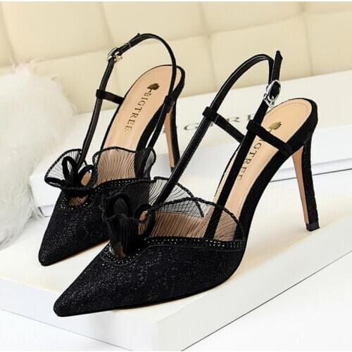 2020 New Sexy Women High Heels Fashion Womens Party Shoes Black Lace Sling-Backs Summer Sandals Pointed Toe Dress Shoes Woman