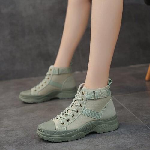 2021 Spring Autumn New Women Black Khaki Platform Ankle Boots Fashion Brand Canvas Lace-Up Outdoor Motorcycle Boots Botas Mujer