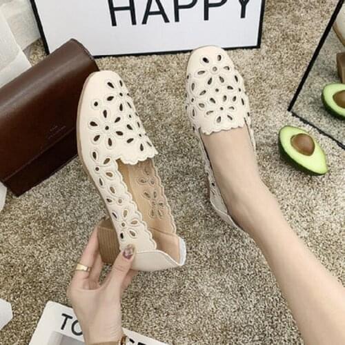 Hollow Breathable Mid-Heel Womens Shoes Spring And Summer New Retro Square Toe All-Match Shallow Mouth Large Size Single Shoes