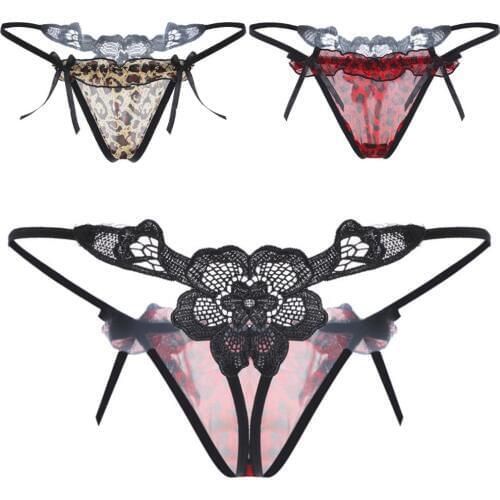 Women Sexy panties Leopard pattern breathable mesh panties water soluble flower Erotic Panties Thong Underwear t pants G-String