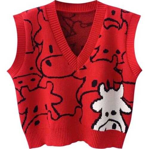 Girl Sweater Vest women jumper V Neck pullover Knitted Vests Women Cow Cartoon Crop Top Spring 2021 Pullovers
