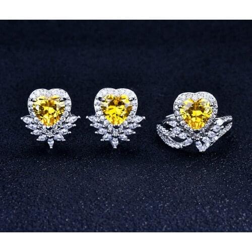 QTT Luxury Female Crystal Love Heart Jewelry Set Vintage Silver Wedding Rings Earrings For Women Charm White Zircon Stone Sets