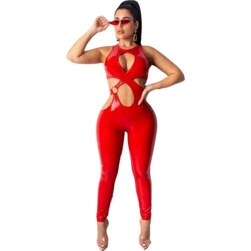 Sexy Cross Hollow Out PU Leather Jumpsuit Women Overalls Sleeveless Skinny Bodycon Bandage Night Club Romper Combinaison Femme