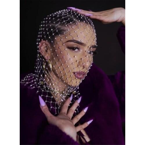 DIRTYLILY New Luxury Diamond Headscarf Rhinestone Headpiece Cover Face Hair Jewelry for Women Hollow Out Mesh Crystal Headwear