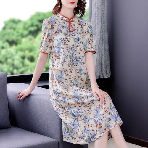 2021 Casual Vintage Chinese Style Floral Satin Dress Mulberry Silk Beach Midi Dress Summer Women Elegant Slim Party Vestidos