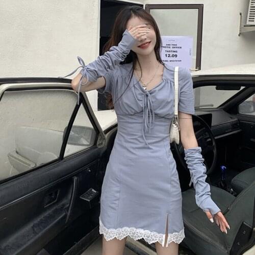 Korean Summer New Women Lace Sexy Mini Drses 2021 Elegant Office Female Bandage Design V-neck Short Sleeve Party Dresses Vestido