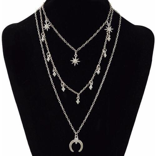 Bohemian Gold color Multilayer Rhinestone Star Moon Pendant Necklace Statement For Women Party GIfts Maxi Jewelry Accessories