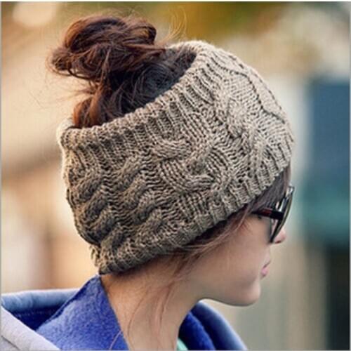 Winter Warm Womens Knitting Twist Hat Fashion Hairband Horsetail Empty Top Hat Soft Female Casual Skullies Beanies Cap