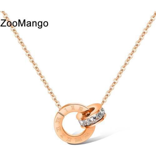 ZooMango Mosaic Cubic Zirconia Double Circle Pendant Necklace Stainless Steel Choker Wedding Necklaces Jewelry Collier ZN17032