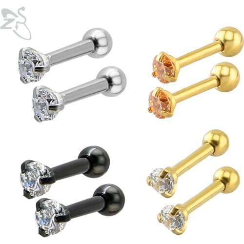 ZS Stainless Steel Stud Earrings Unisex Cubic Zirconia Ear Studs Earring 4 Colors Simple Ear Helix Piercing Earrings Jewelry