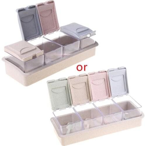 4 Pcs Kitchen Seasoning Spice Box Set with Storage Base Cruet Condiment Salt 94PF