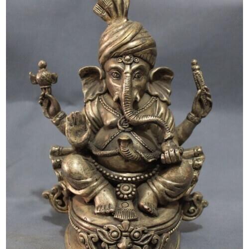 Free Tibet Silver Lion Head Vajra 4 Hand Ganapati Ganesh Lord Ganesha Buddha Statue