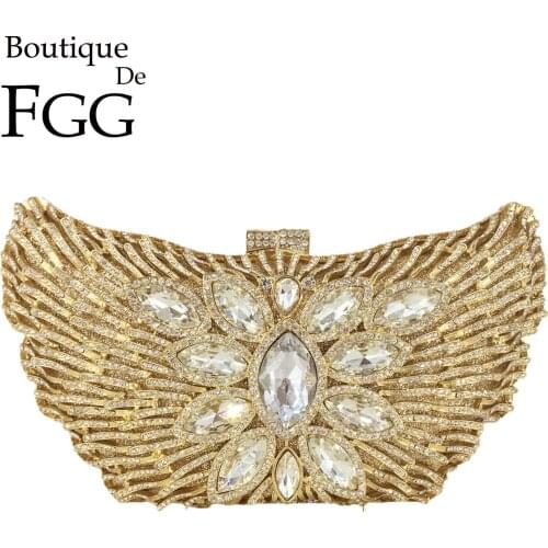 Boutique De FGG Butterfly Shape Women Gold Evening Bags Wedding Party Dinner Crystal Clutch Purses Rhinestone Handbags