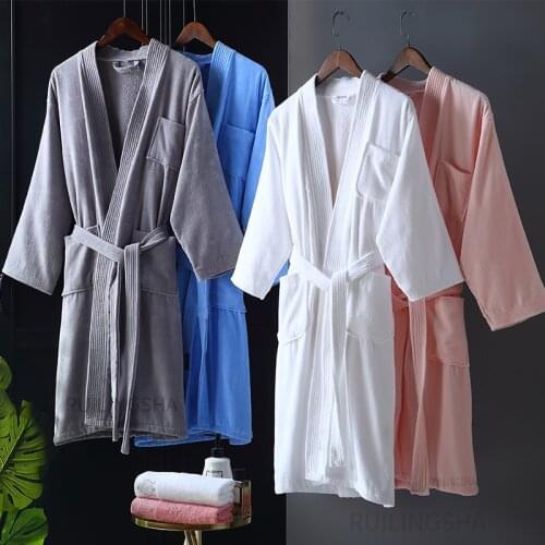 Men Weight 40-120KG 100% Cotton Kimono Terry Bath Robe Water Absorbent Waffle Towel Bathrobe Plus Sleepwear Dressing Gown Women