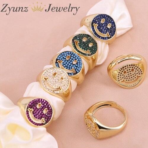 5PCS, New Fashion Punk Vintage CZ Crystal Happy Smile Face Finger Rings Adjustable For Women Jewelry Gift