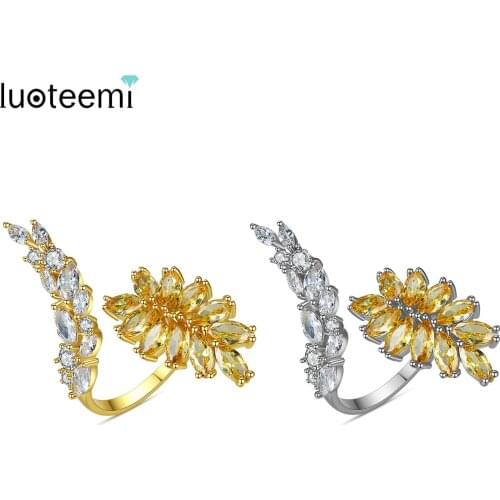 LUOTEEMI Vintage Adjustable Leaf Ring for Women Fashion Jewelry Party CZ Flower Open Finger Anillos Femme Bijoux Christmas Gifts