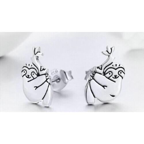 Fashion Cute Sloth Silvery Stud Earrings Cartoon Comic Hot Sale Animal Jewelry For Women Punk Charm Statement Birthday Gifts