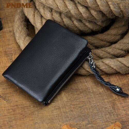 Fashion leisure luxury natural soft leather mens women black small wallet simple real genuine leather ID card holder coin purse