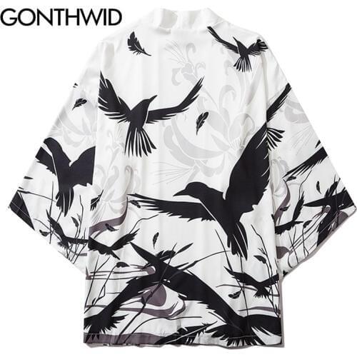 GONTHWID Mens Raven Crow Bird Print Japanese Kimono Cardigan Jacket Tops Shirts Streetwear Harajuku Hip Hop Casual Loose Coats