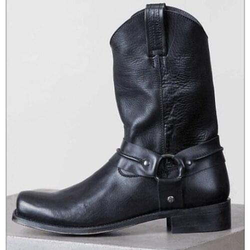 Mens Boots Vintage PU Leather Classic Warm Shoes Male Slip On Winter Gladiator Booties Big Size 37-47 Low Heel For Mens