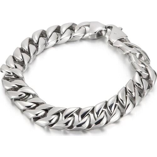 HAOLYNJOY 12mm Width Trendy Shiny 316L Stainless Steel Bracelet Curb Cuban Chain Bracelets For Men
