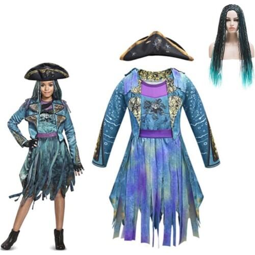 The New Descendants3 Mal Bertha Maleficent curls Live Evil Straight blue kids Cosplay cap + dress halloween costume for kids wig