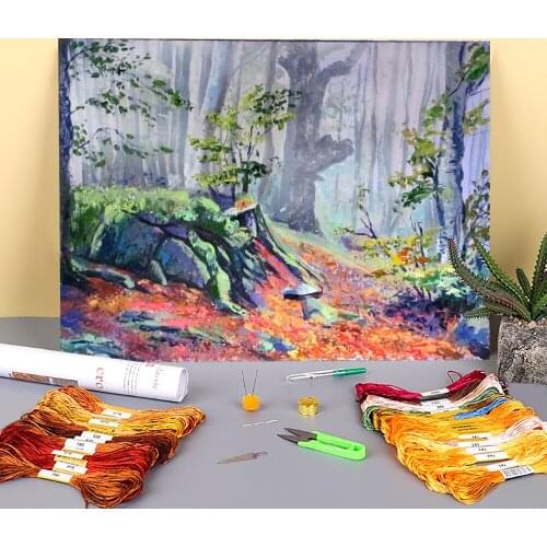 Landscape Fog In The Forest Printed Fabric 11CT Cross-Stitch Embroidery Full Kit DMC Threads Craft Handmade Knitting Jewelry