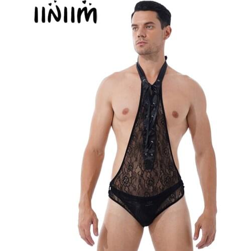 See-through Lace Swimsuit Mens Deep V One-piece Leotard Bodysuit Underwear Sissy Nightwear Halter Lace-up Open Butt Jumpsuit