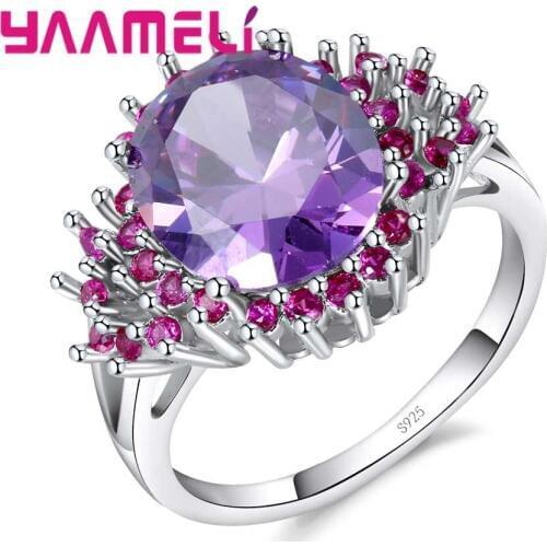 Luxury Fashion Purple Flower Crystal Stone Ring Party Engagement Wedding Ceremony Jewelry For Women 925 Sterling Silver