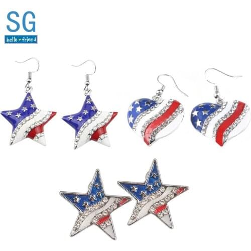New Fashion American Flag Star Heart Crystal Shape Earrings Pentacle Girl Patriot Ear Studs Brincos Bijoux Gift