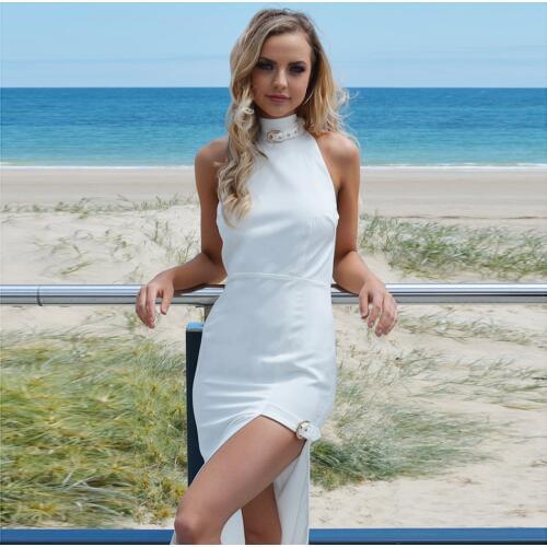 Classy Buckle Embellished High Neck Sleeveless Side Box Split Bandage Feminine Skinny Midi Dress
