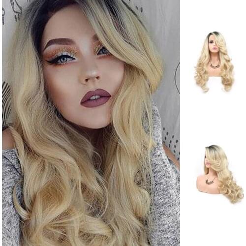 Ombre Blonde 613 Synthetic Lace Front Wigs Long Wavy Dark Roots Side Part Wigs for Women Heat Resistant Makeup Wigs 24 Inches