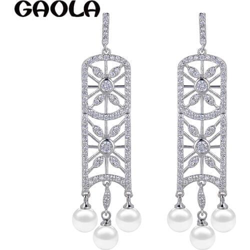 Vintage wholesale Clear micro Pave setting Drop dangle Long earring,cubic zirconia and Pearl fashion best quality GLE5245A