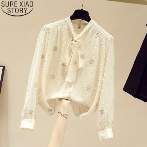2021 New Autumn Bow Chiffon Shirts Women Blouses Apricot Long Sleeve Tops Casual Spring Sweet V-neck Clothes Blusas Mujer 16620
