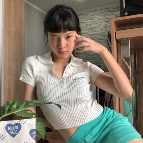 Women Casual Tank Tops Summer Slim Embroidered T-Shirt Sexy Solid Color Letter Lapels Exposed Navel Female Street Fashion 2021