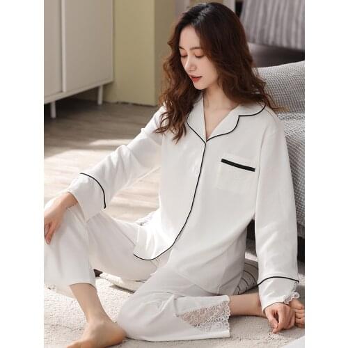 Womens Pajama Set Autumn Lace Patchwork Nightwear White Pijamas Pour Femme 100% Cotton Pyjamas Sleepwear 2pcs Loungewear