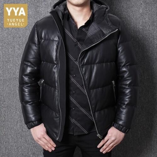 Winter Cowhide White Duck Down Jacket Men High Quality Real Leather Thick Warm Hooded Down Coat Brand Business Casual Outerwear