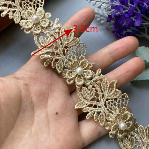 1 Yard 3.5cm Gold Lace Trim Ribbon Soluble Pearl Flower Embroidered Fabric Handmade For Costume Sewing Supplies Craft Decoration