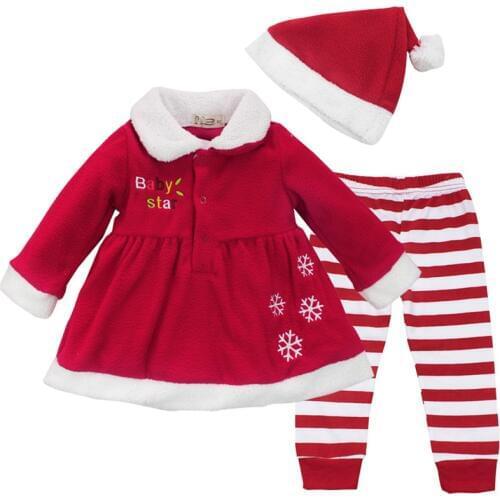 3pcs Newest Baby Girls Christmas Winter Snowflake Dress Pants Hat Sets Outfit Casual Costume Kids Cosplay Clothing 9-24 Months