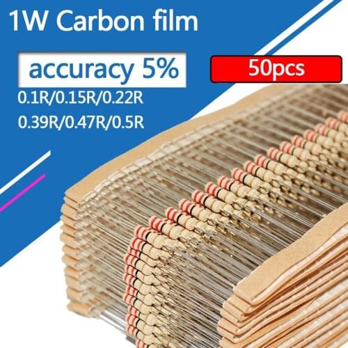 50pcs/lot 1W Carbon film resistor Four color circle 0.1R 0.15R 0.22R 0.39R 0.47R 0.5R 1W resistance