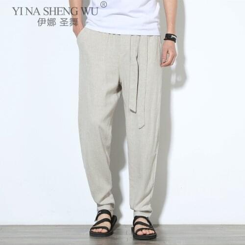 Spring Solid Color Linen Pants Men Elastic Waist Casual Kimono Harem Pants Loose Sweatpants Traditional Kimono Trousers Homewear