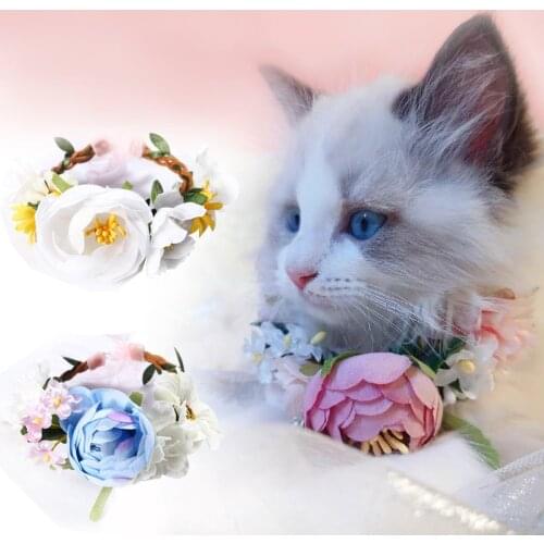 Handmade Cat Assessoires Flower Headdress Cat Rabbit Teddy Weaving Flower Fairy Pet with Silk Photography Props Festival Dress