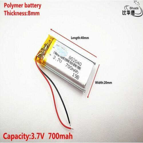 Good Qulity 3.7V,700mAH,802040 Polymer lithium ion / Li-ion battery for TOY,POWER BANK,GPS,mp3,mp4