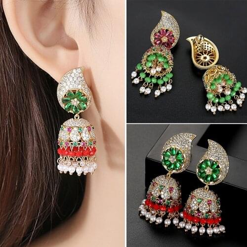 Indian Bollywood Jhumka Jhumki Women Bridal Zircon Drop Dangle Earrings Beads Tassel Bells Earrings Gypsy Jewelry Party Fashion