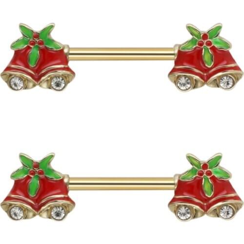 JHJT MUSI 2PCS Nipple Rings 14G 316L Surgical SS Gold Christmas Bell Nipple Barbell Piercing