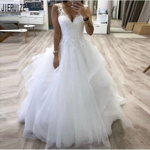 JIERUIZE Tulle Tiered Wedding Dresses V-neck Lace Appliques Bridal Dresses Lace Up Back Wedding Gowns vestido de noiva