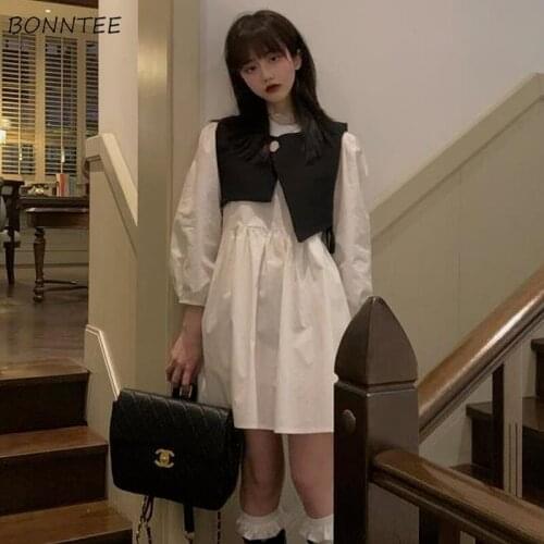 Sets Women White Mini Dresses Mujer Vests Fashion College Ins Sweet Ladies Irregular BF Lantern Sleeve Cute Tender Soft Harajuku